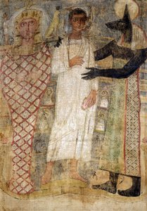 Den avlidne och hans mamma skyddas av Anubis (enkaustiskt vax på linne)